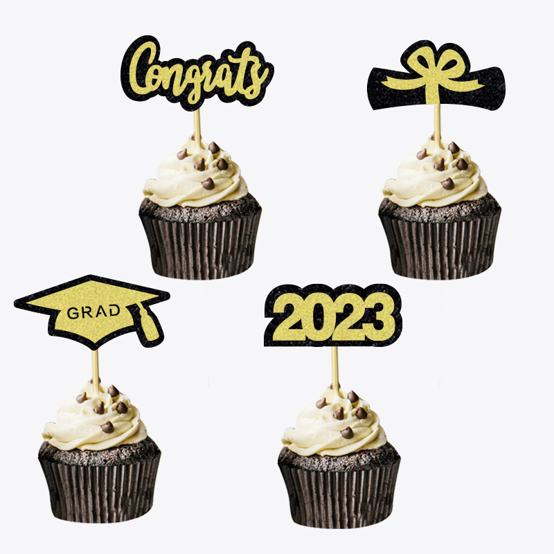 Congrats Grad Cake Toppers, 2023 Graduation Cake Inserts, Black Golden