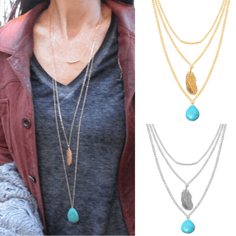 

Boho Style Women's Multilayer Turquoise Feather Pendant Necklace Sweater Chain Gift