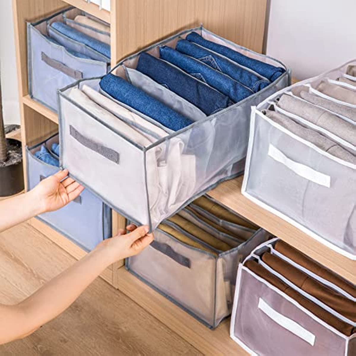 

1pc Jeans Wardrobe Clothes Organizer, 7 Grid Mesh Closet Shelf Organizers For Jeans Pants T-shirts, With Handle Foldable Drawer Storage Box Bedroom
