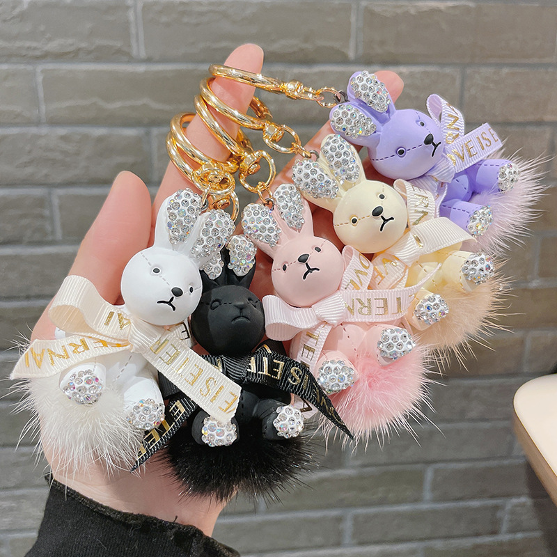 Cartoon Rabbit Decor Keychain Rhinestone Bow Charm Keyring - Temu