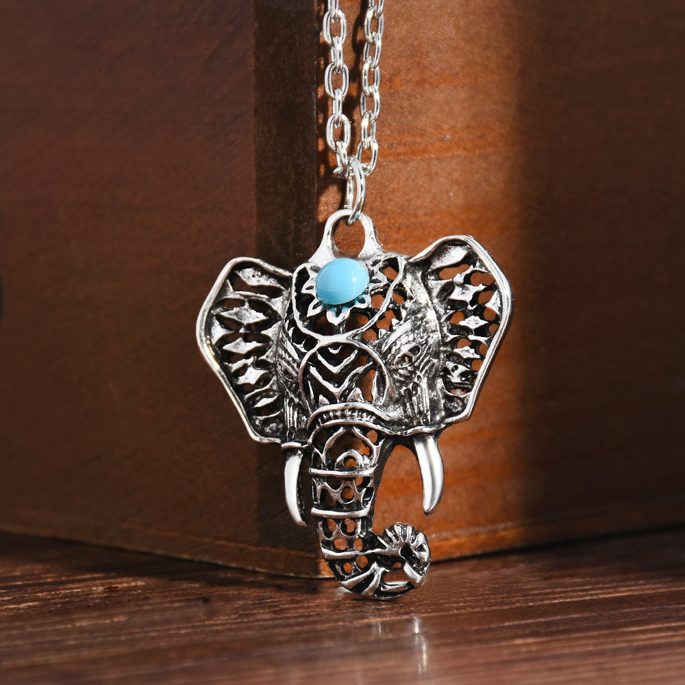 

Vintage Silvery Boho Elephant Turquoise Pendant Necklace Women's Elegant Jewelry