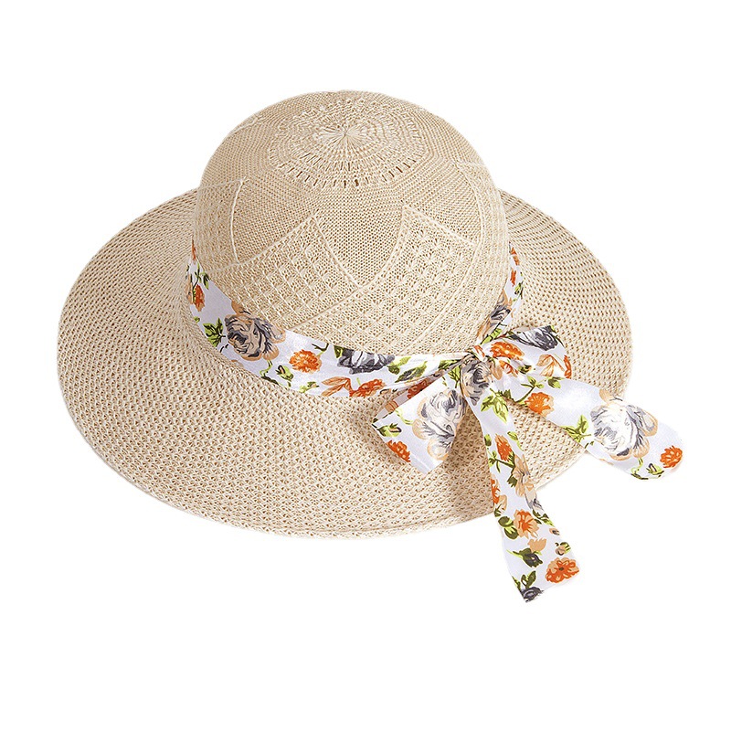 

Flower Ribbon Bowknot Sun Hat Wide Brim Solid Color Crochet Basin Hats Trendy Outdoor Travel Beach Hats