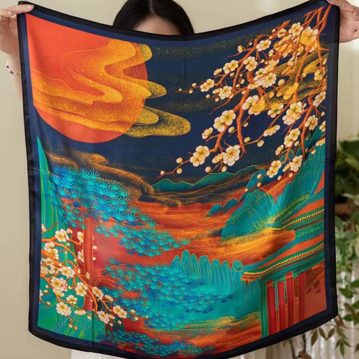 Palace Print Neckerchief Chinese Silk Square Scarf