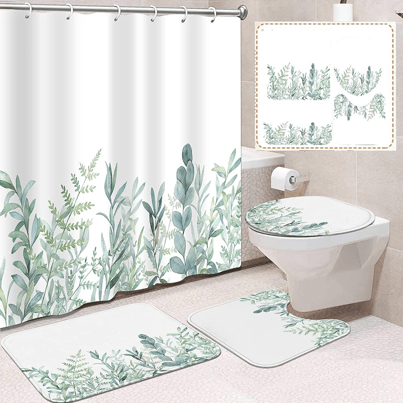  Eucalyptus Leaves Shower Curtain Set 4Pcs Bath Curtain