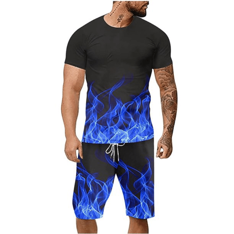 Plus Size Men's Beach Style Fire Print 2PCS Outfits, Male Short-sleeve Crew Neck T-shirt Shorts Set For Big & Tall Men