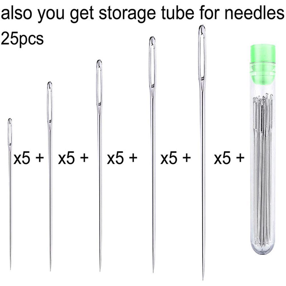 25 agujas de costura grandes – 5 tamaños de agujas de coser a mano de ojo  grande en tubo de almacenamiento transparente