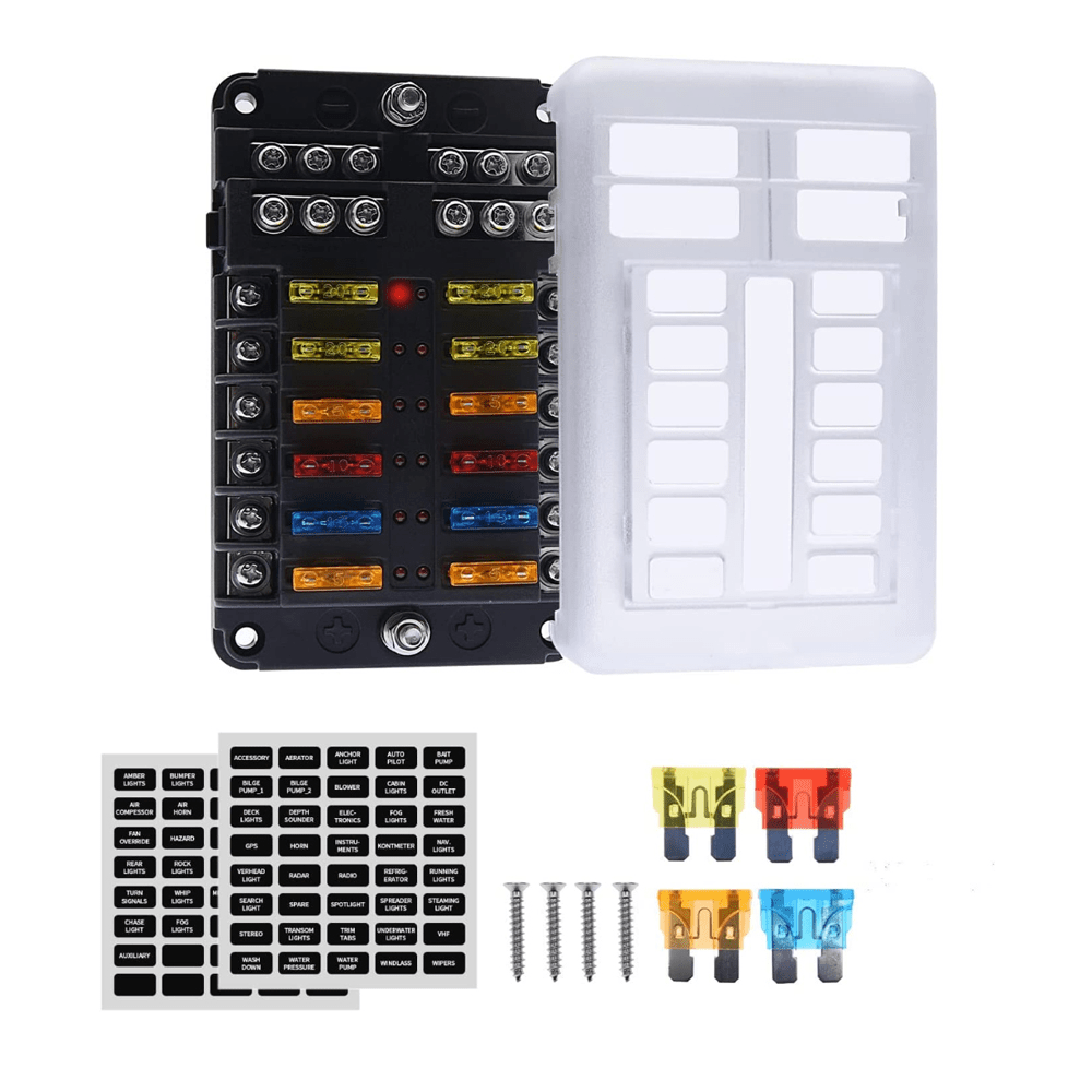 Caja Fusibles 12V, 12 Vías Caja De Fusibles Coche Portafusibles Con Lámpara  De Alerta LED Kit Bloque De Fusibles Plano ATC/ATO Con Bus Negativo Para