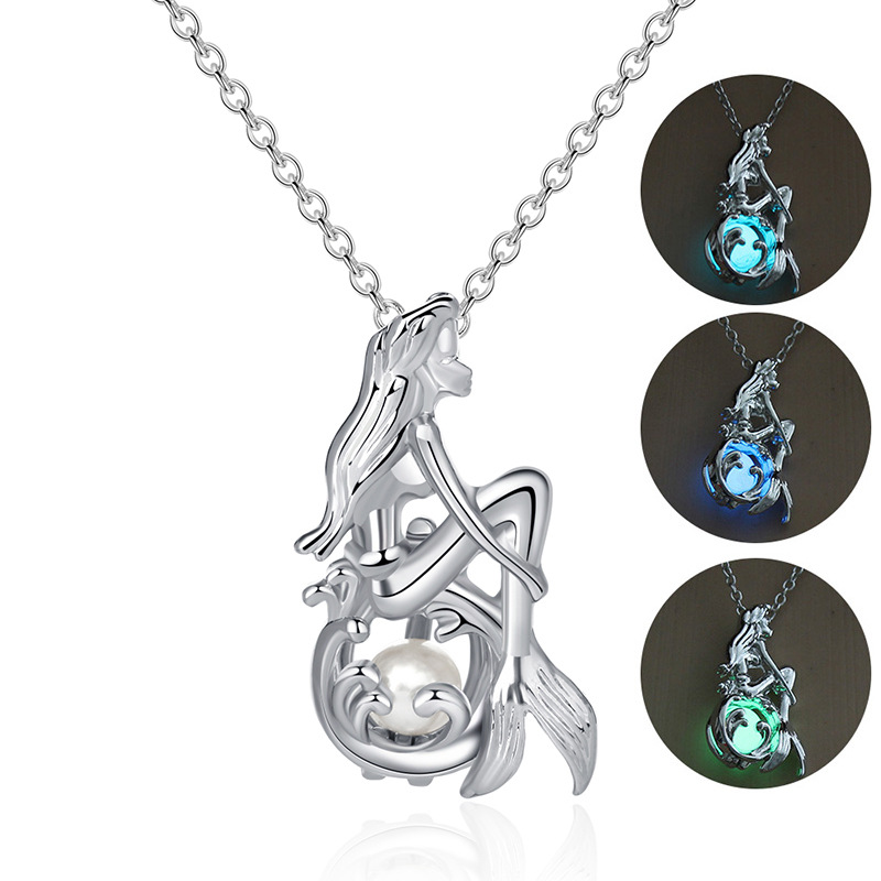 

Gorgeous Heart-shaped Mermaid Cross Luminous Bead Cage Pendant Necklace - A Must-have For Women's Fashion!