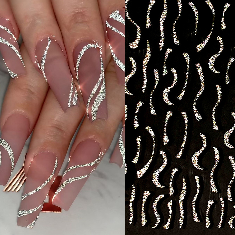 3D Nail Sticker Reflective Glitter Gold And Silver Line French