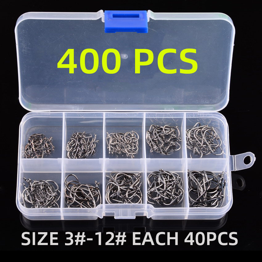 Fishing Hooks Saltwater Fly Tool High Carbon Steel Barbs Catfishing Tackle Set Freshwater Barbed 100 Pcs, Size: 200pcs, Silver