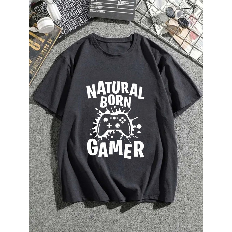 

Plus Size Men's Casual Graphic Tees For Summer, "natural Born Gamer" Print Crew Neck Oversized T-shirts, Trendy Chic Outfit Men's Clothings