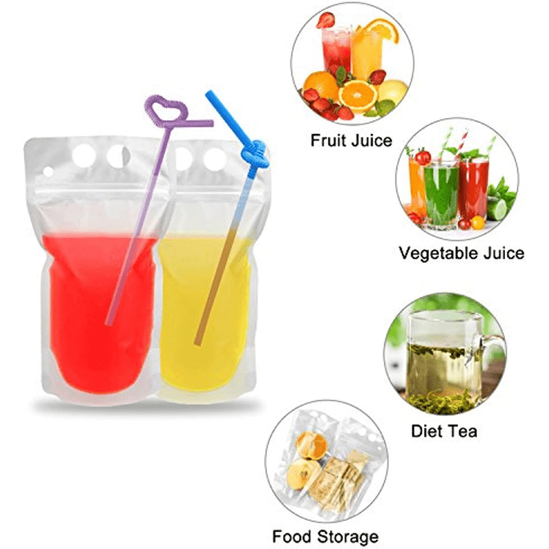 50pcs Drink Pouches for Adults,Reusable Ziplock Bags with Reusable Straws for Alcohol Drink Freezable Hand-Held Juice Container for Cold & Hot