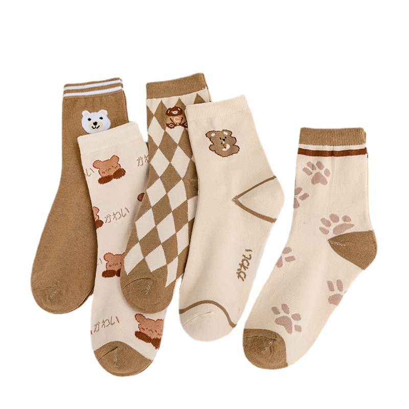 5 Pairs Cartoon Print Socks Comfy Cute Mid Tube Socks Women's Stockings ...