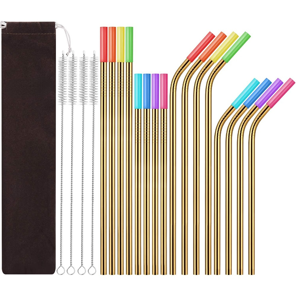 18-Pack Reusable Stainless Steel Straws with Soft Silicone Tips