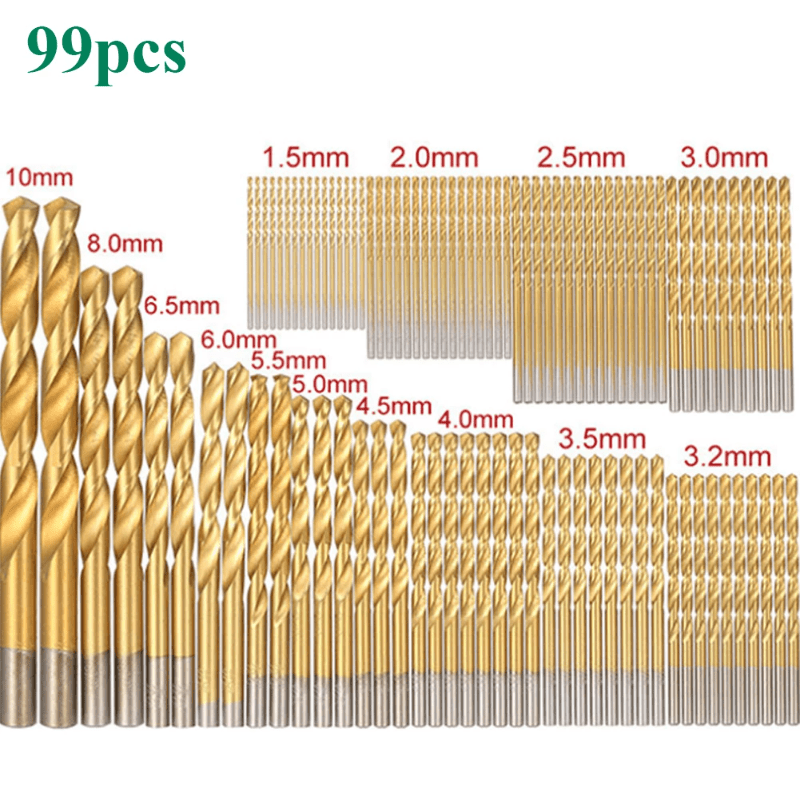 Juego de Brocas Múltiples de 99 Piezas, Set Brocas de Acero Recubiertas en  Titanio HSS, para Taladrar y Perforar Metal, Madera y Piedra, Perfecto para  Bricolaje en Casa : : Herramientas y