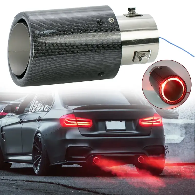 universal car modified 35 63mm exhaust muffler tip tail pipe carbon fiber red led flaming blue luminous chrome silencer turbo sport 0