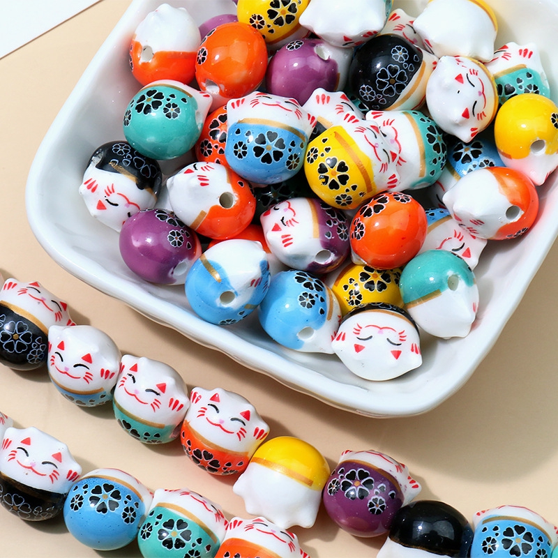 

10pcs/pack Lucky Cat Colorful Ceramic Beads For Making Bracelet. Loose Beads Jewelry Accessories