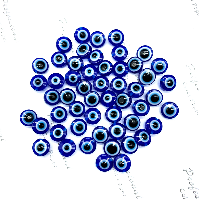 Dark Blue Transparent 10mm Flat Round Resin Beads - Evil Eye Design (1