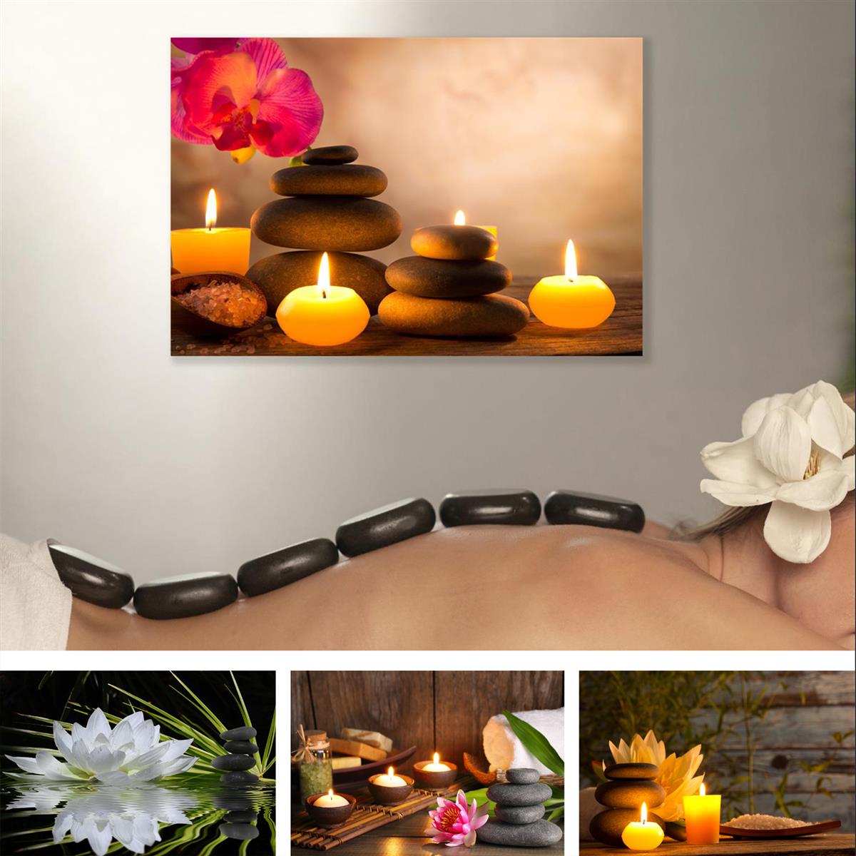 Modern Zen Canvas Wall Art For Spa, Yoga, Meditation, And Home Decor -  Stone White Candle, Green Bamboo, Lotus Flower Design - Prints On Canvas,  No Frame - Perfect For Office And