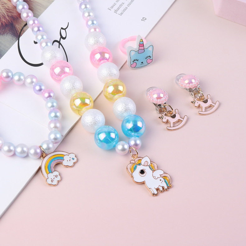 Conjunto Collar Aros Pulsera Unicornio Dibujos Animados Niña