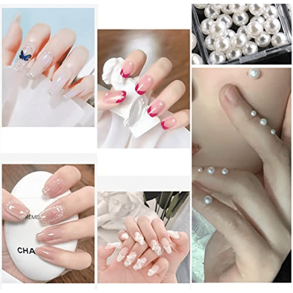 Dornail 1 Box/12 Grids Nail Art White Pearls for Nails Half Round Pearl  Beads Nail Charms,Small Stainless Steel Beads Caviar Beads White Flatback