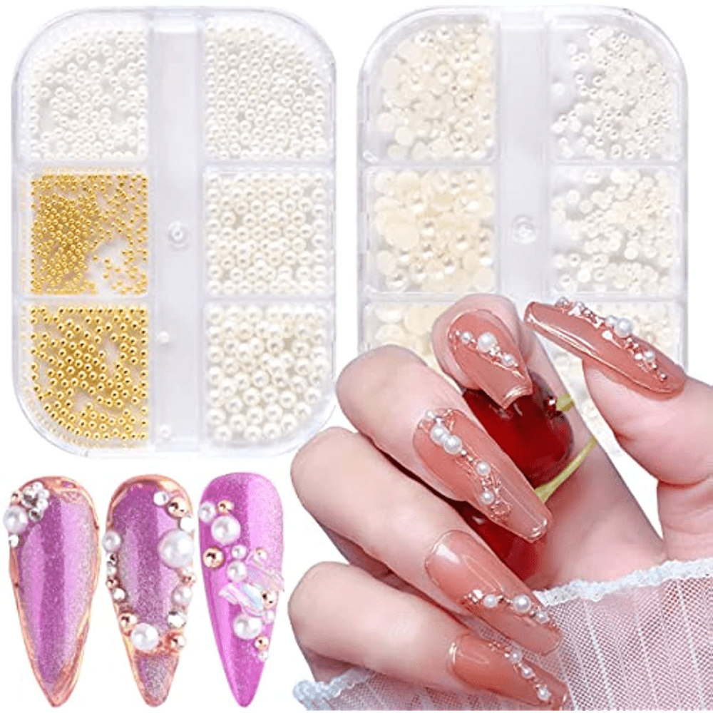 4 Boxes Flatback Pearls Nail Art Rhinestone for Nails Gold Silver Caviar  Bead Stone, Mixed Various Sizes 1.5mm-6mm for Women Nail Art Decoration  Face