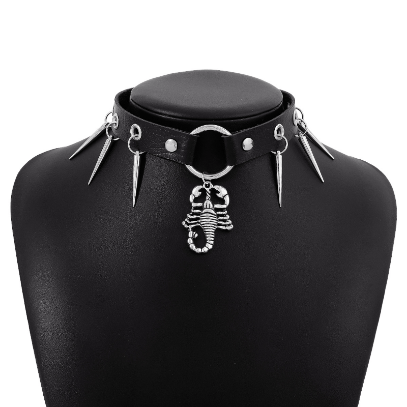 Punk Rock Men Women Leather Rivet Spider Chain Choker Collar Necklace  Adjustable