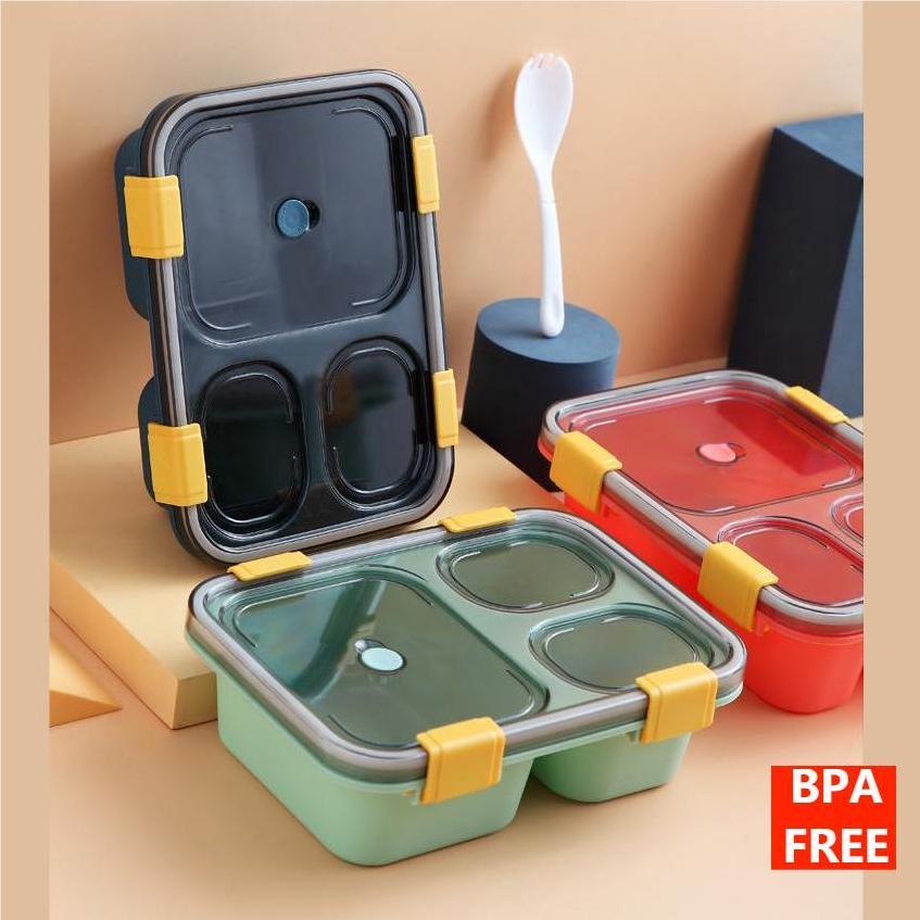 1pc 1250ml Green & Yellow Lunch Box With Spoon, Soup Container