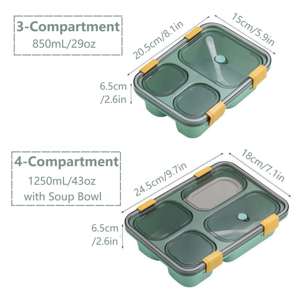 1pc 1250ml Green & Yellow Lunch Box With Spoon, Soup Container