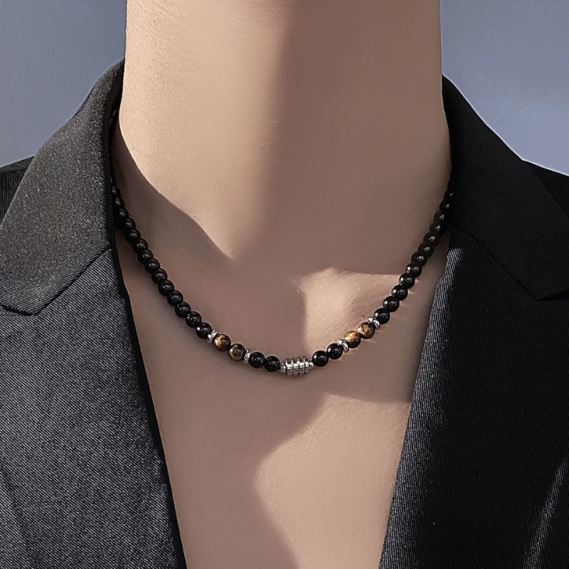 Paxton Men Necklaces 6MM Black Onyx Hematite with Leaf Charm Mens Neck |  Shop R Studio
