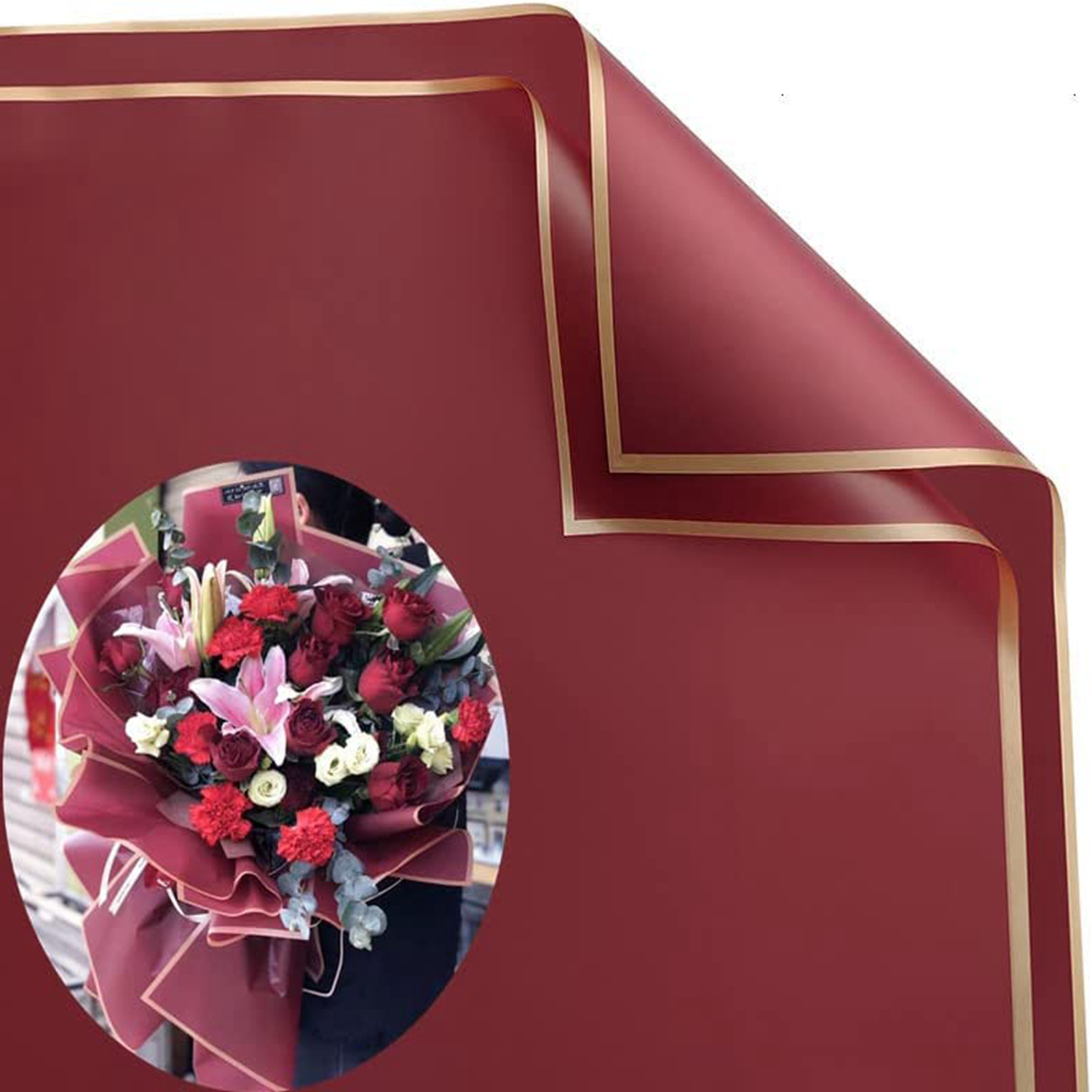 Wiaregom 20 Sheets Flower Wrapping Paper Gold Edge Florist Bouquet Supplies Waterproof Flowers Packaging Paper with Ribbon, 22.8x22.8 inch(Burgundy)