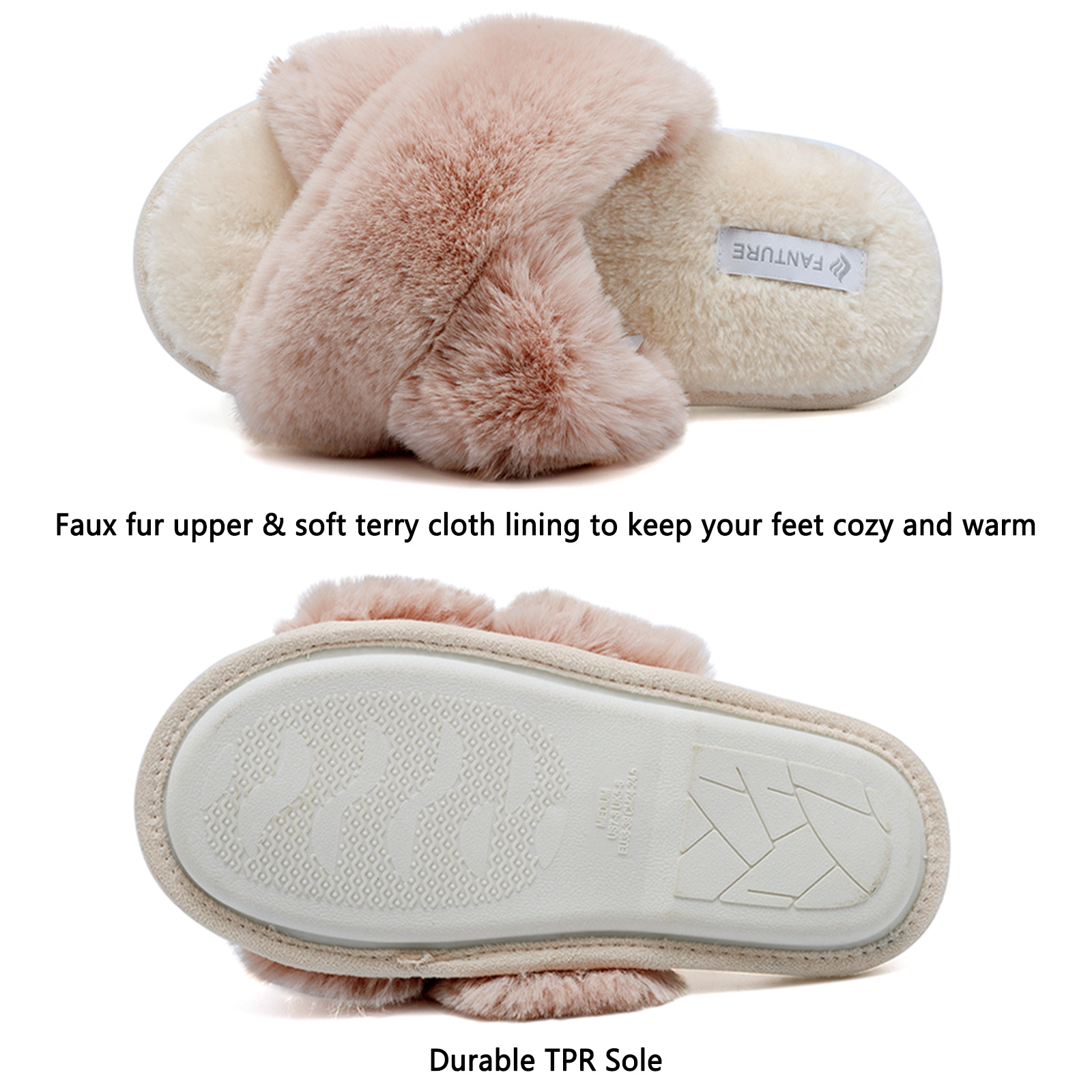 Womens Yours Faux Fur Cross Strap Slippers in Regular Fit - Pink