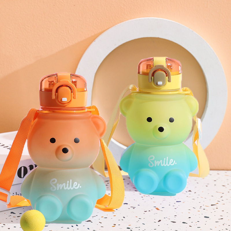 Cartoon Pattern Plastic Water Bottle With Handle And Straw, Cute Teddy Bear  Shaped Drinking Bottle