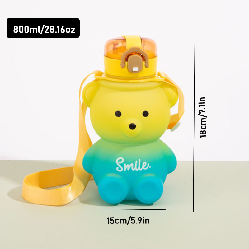 1pc 400ml Cartoon Bear Water Bottle With Straw And Cleaning Brush And  Lanyard, Green Cute Portable Drinking Bottle For Students