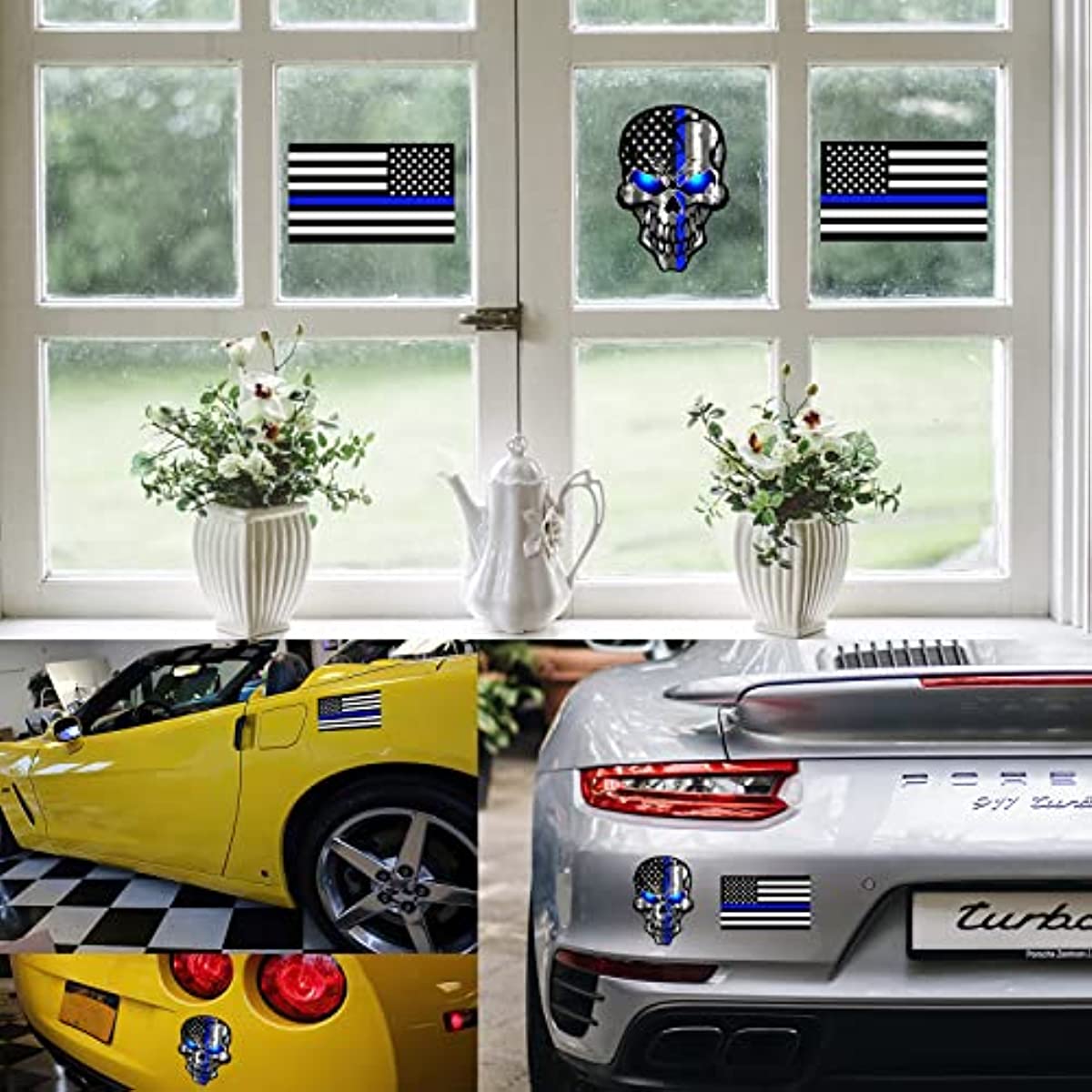 3PCS Reflective American Flag Thin Blue Line Sticker, Thin Blue Line Skull  Decal, Police Stickers Blue Lives Matter Sticker, Car Decal Bumper Window