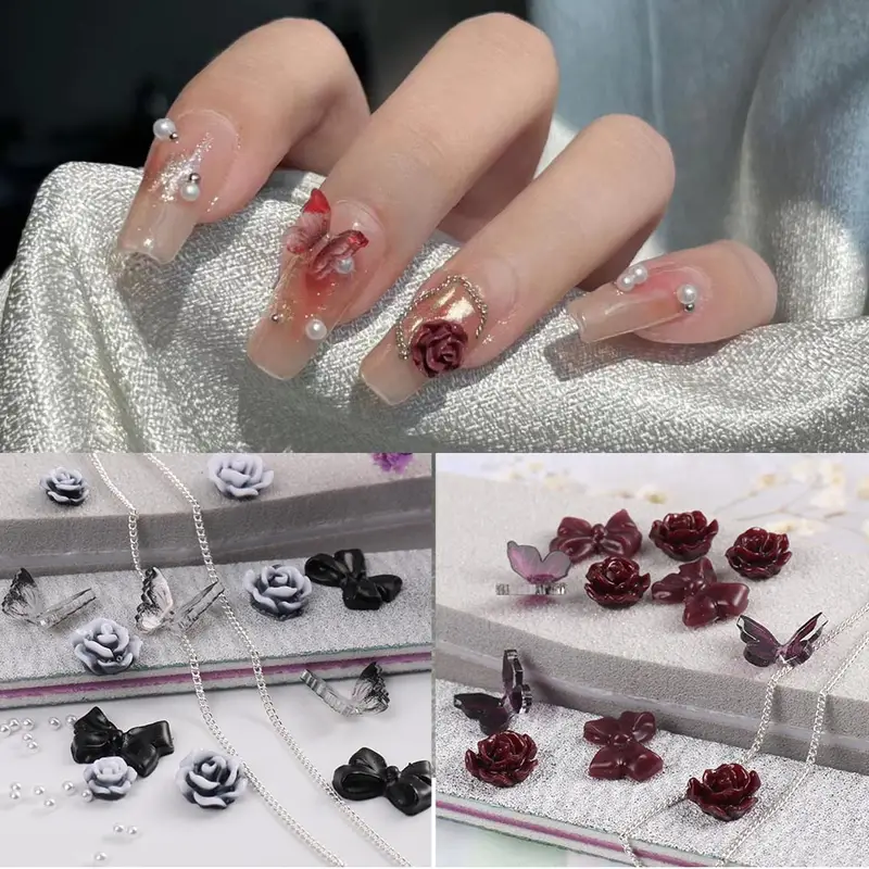 Mixed Wine Red Camellia Butterfly White Pearls Rhinestone Nail Art Charms -  Diy Nail Jewelry Accessories For Stunning Nail Art Designs - Temu