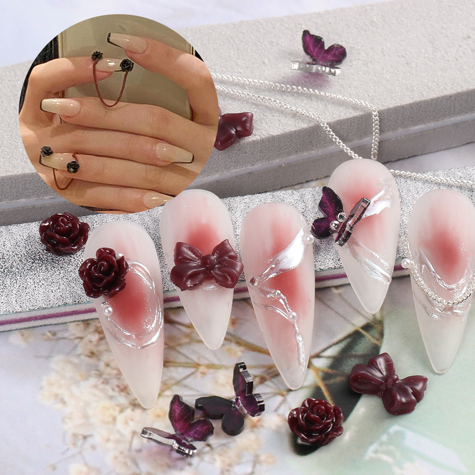 Sparkling 3d Camellia Butterfly Nail Charms In Wine Red - Temu