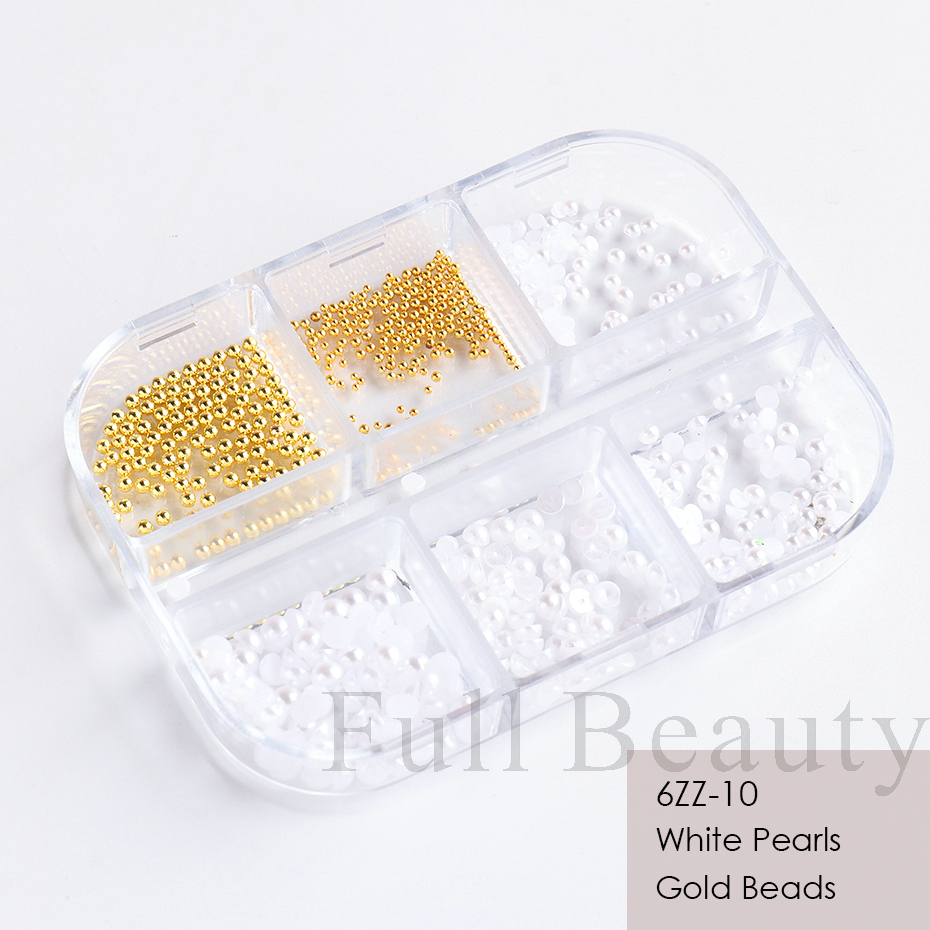 China 1Box Pearl Decorations Nail Charms White Round Nail Parts Gold Steel Beads Balls Jewelry Nail Art Accessories Color:ZZ01