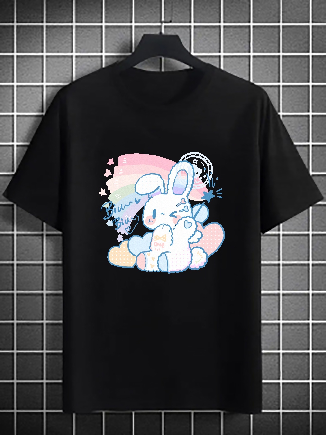 Plus Size Men&#39;s Casual Graphic Tees For Summer, Rainbow Cute Rabbit Print Oversized T-shirts, Trendy Chic Outfit Men&#39;s Clothings