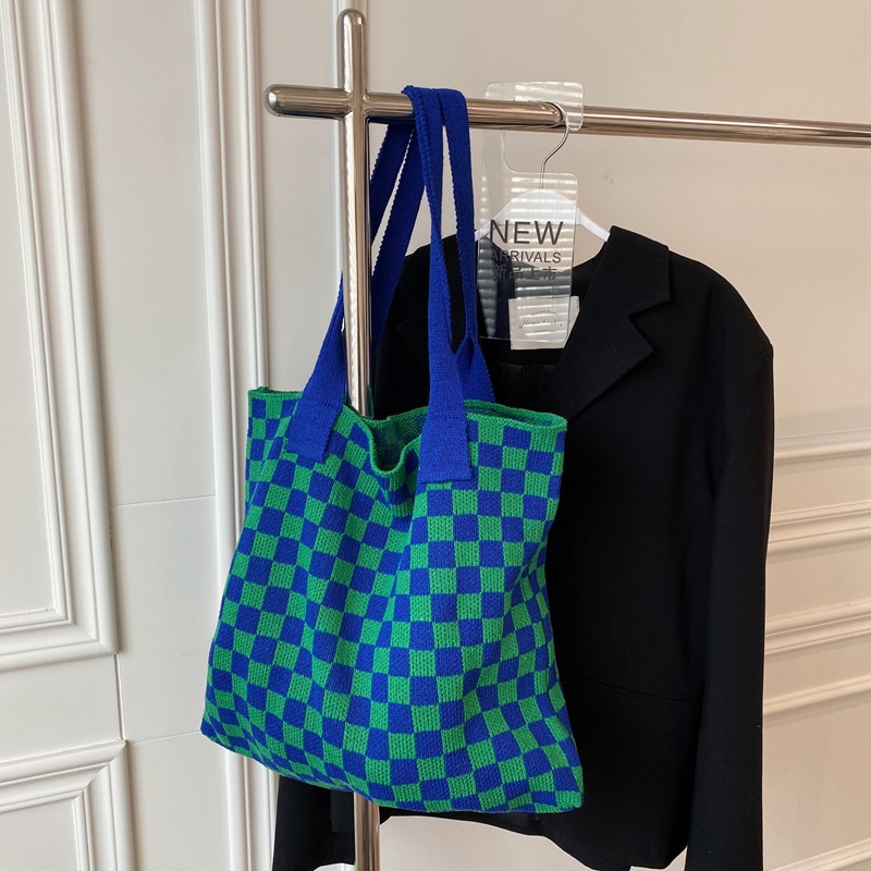 Stylish Large Capacity Checkerboard Shoulder Bag, All-Match Knitted  Handbag, Versatile Storage Bag