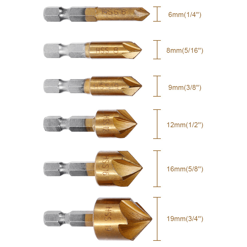Countersink Drill Bit Set 12mm 16mm 19mm Dia Round Shank 90 Degree 5 Flute Chamfer Tool For Woodworking Carbon Steel 3pcs