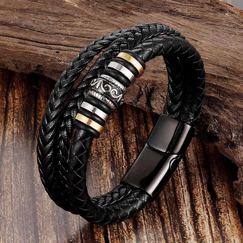 

Fashion Stainless Steel Pu Leather Rope Bangle Bracelet For Men Handmade Braided Multilayer Pu Leather Bracelet, Father's Day Gift