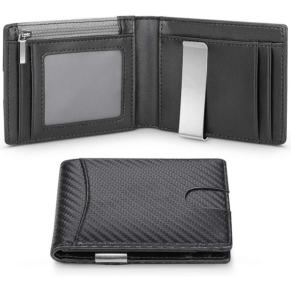 Image of 1pc Men's Carbon Fiber Portable Money Clip Multi-card Card Case Bifold Card Holder Coin Purse
