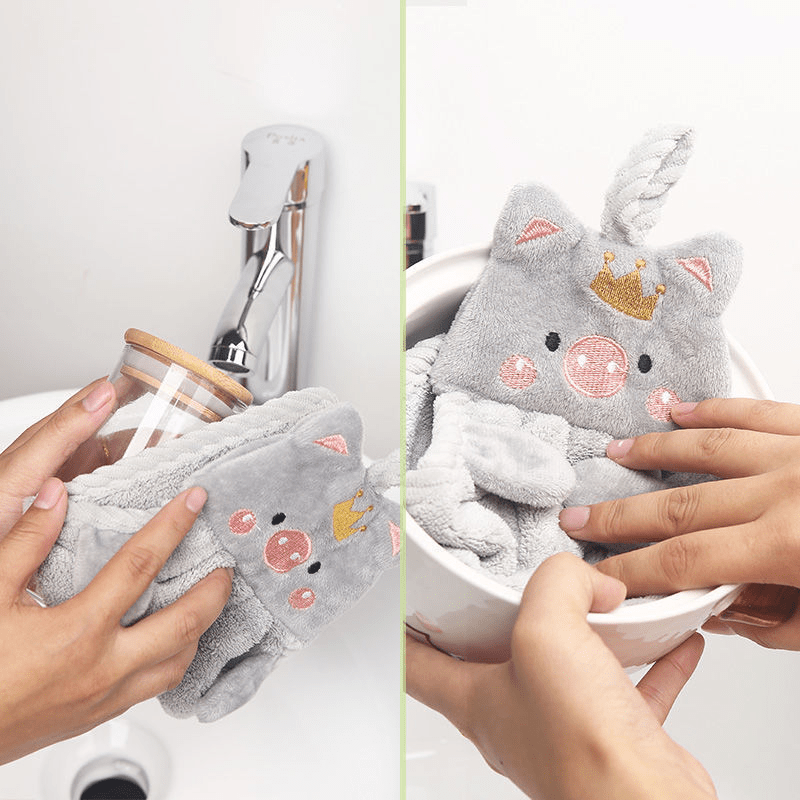 1pc Cute Pig Shaped Hanging Hand Towel, Grey