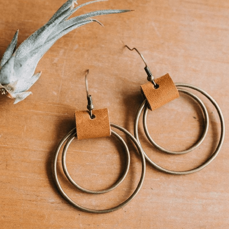 

Geometric Double Circle Hook Earrings Vintage Style Bronze Circle Pu Leather Alloy Dangle Earrings Jewelry For Women