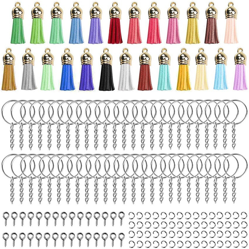 Keychain Tassles, Cridoz 200pcs Bulk Keychain Rings Set Includes 50pcs Tassels for Crafts, 50pcs Key Chain Rings, 50pcs Jump Ring and 50pcs Screw