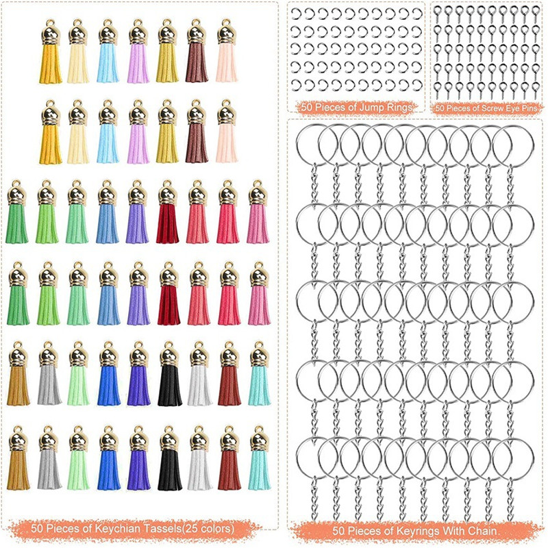 Keychain Tassles, Cridoz 200pcs Bulk Keychain Rings Set Includes 50pcs  Tassels for Crafts, 50pcs Key Chain Rings, 50pcs Jump Ring and 50pcs Screw  Eye