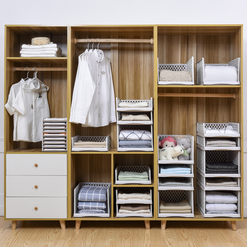Set of 4 Stackable Closet Wardrobe Storage Bins Organizer (Easy Open and  Folding), Plastic White Wardrobe Shelves Closet Organiser Box, Pull Out  Like