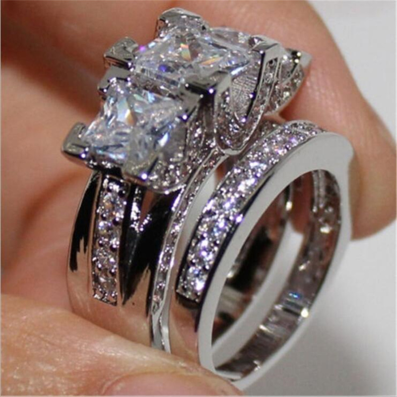Wedding Rings Set Women Silver Prong Setting Heart White - Temu Canada