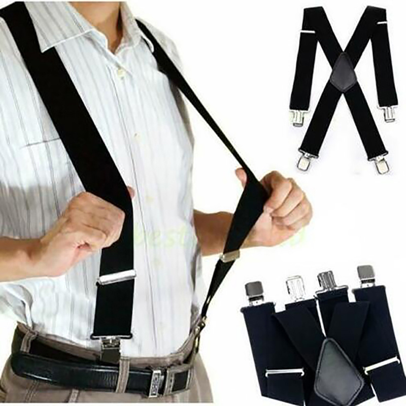 QNEY Wide Men Suspenders High Elastic Adjustable 4 Strong Clips Suspender  Heavy Duty X Back Trousers Braces